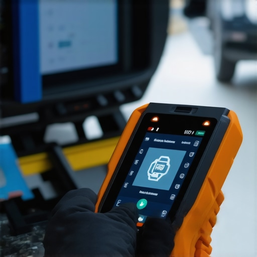 Mechanic using high-tech scanner with digital interface in auto repair shop