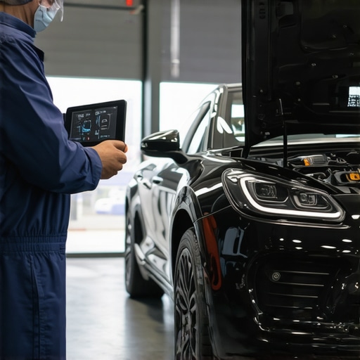 Advanced Automotive Diagnostic Equipment with AI Modern vehicle diagnostic tools utilizing spectral imaging and AI in a repair shop