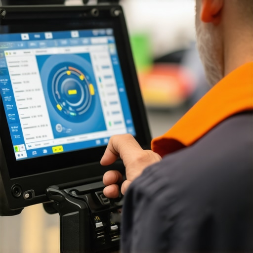 Advanced Brake Diagnostics Equipment Technician using diagnostic tools on vehicle brake system