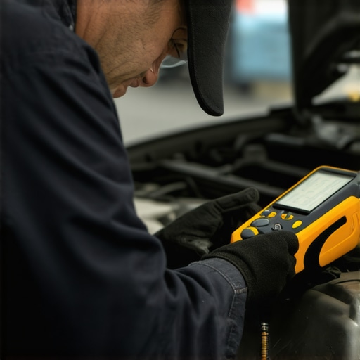 Advanced Vehicle Diagnostic Tools in Action Mechanic analyzing electrical signals with oscilloscope in auto repair shop