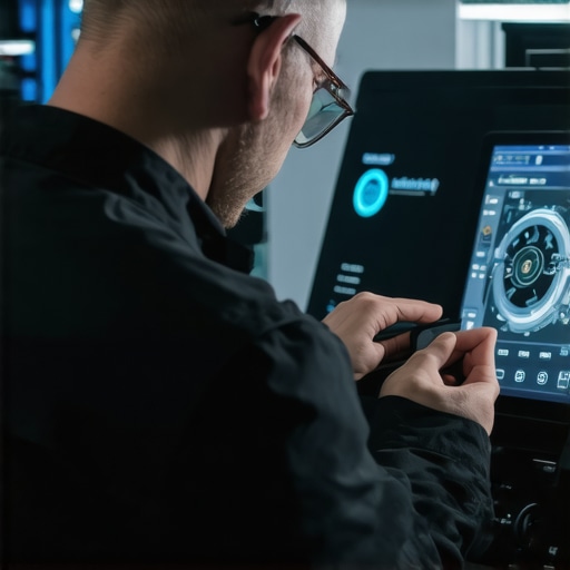 Mechanic analyzing vehicle data with digital twin technology in auto repair shop