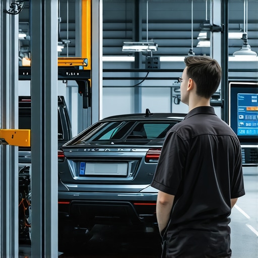 High-tech auto repair shop featuring AI diagnostics and advanced vehicle sensors