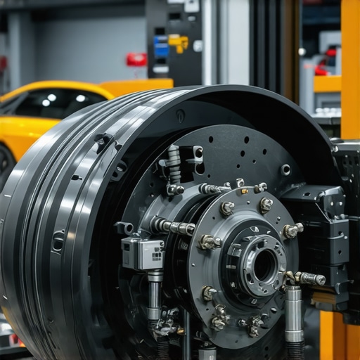 Futuristic Auto Repair with AI and IoT Auto repair shop with AI diagnostic tools and IoT sensors on brake parts.