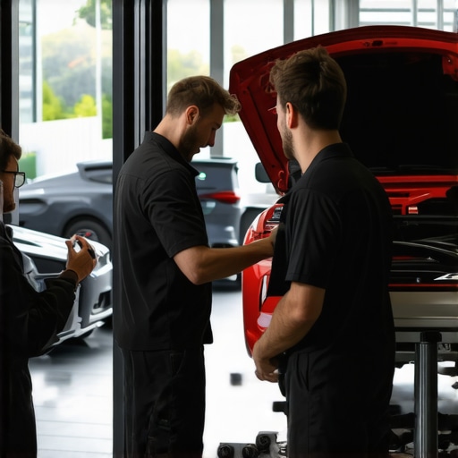 Technicians working with advanced diagnostic equipment in a modern auto repair shop