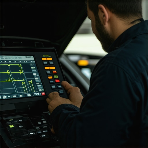 Technician using advanced diagnostic tools to analyze electronic brake system data in a workshop