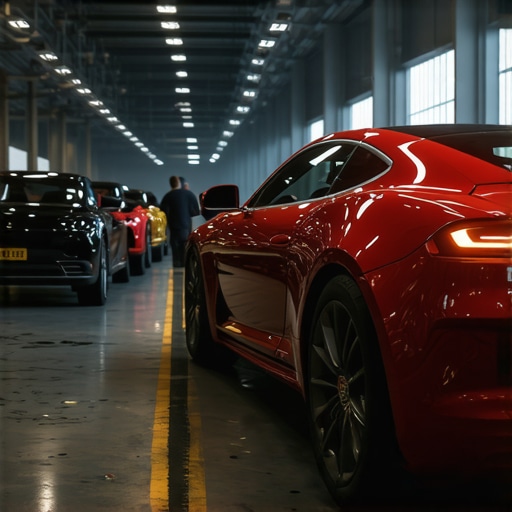 Modern automotive workshop with high-tech diagnostic equipment and sensors