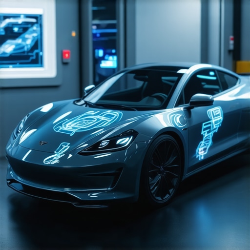 Technician using AR glasses to diagnose a modern car with holographic data overlays