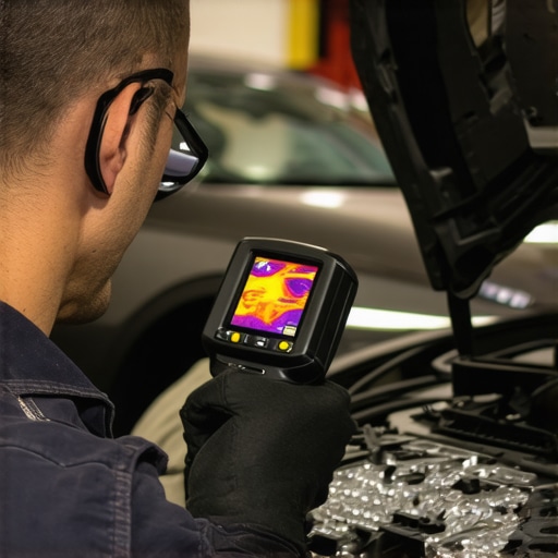 Technician inspecting car wiring with thermal camera to identify heat anomalies