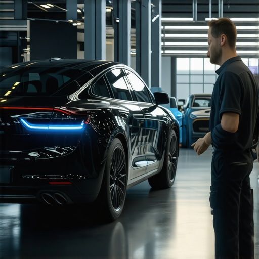 Automotive technician using AI diagnostic tools in a modern repair shop