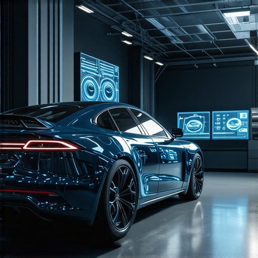 Futuristic auto repair shop showcasing digital twin technology and eco-friendly materials