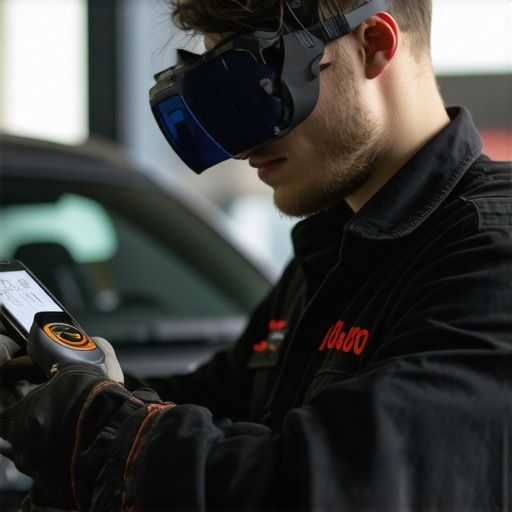 Auto technician using augmented reality glasses and diagnostic screen in a repair shop.