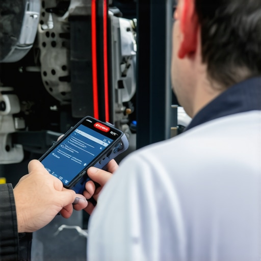 Technician using diagnostic scanner on vehicle brake system