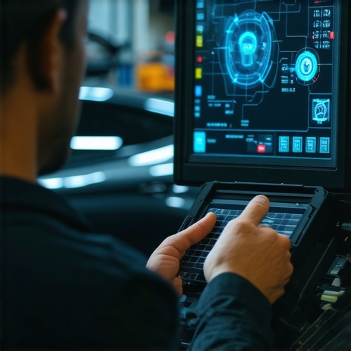 Modern auto repair shop utilizing AI diagnostics and cybersecurity technology