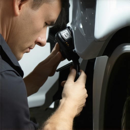 Mechanic inspecting brake system using high-tech diagnostic equipment.