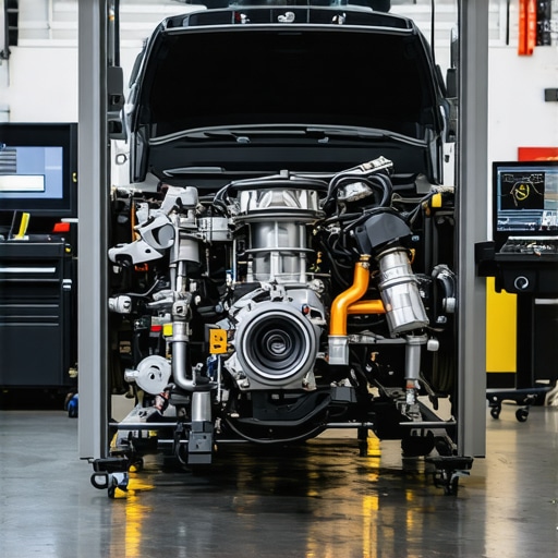Advanced Engine Calibration Technologies Engineer calibrating engine with high-tech tools in a modern automotive workshop.