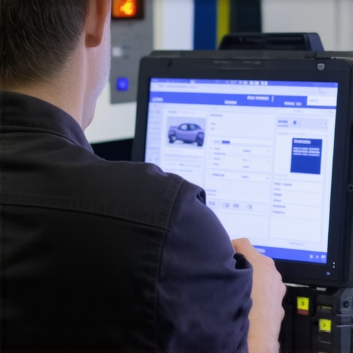 Advanced Telematics Data Analysis in Auto Repair Technician reviewing vehicle telematics data on a diagnostic screen with sensors in the background