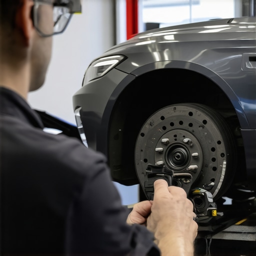 Modern brake repair workshop showcasing digital diagnostics and advanced brake components