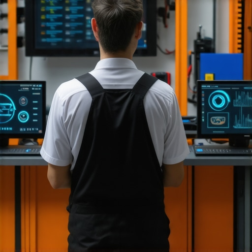 Mechanic using AR glasses and AI diagnostics in a high-tech auto repair shop