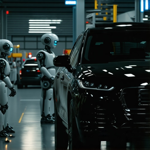 AI-powered diagnostic robots working alongside technicians in a modern auto repair shop