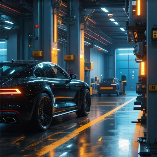 High-tech auto repair shop with AI diagnostics and autonomous vehicle tools