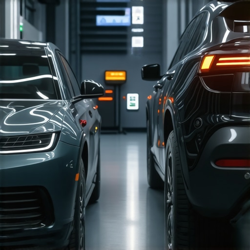 Futuristic auto repair shop utilizing AI diagnostics and eco-friendly tools for superior service