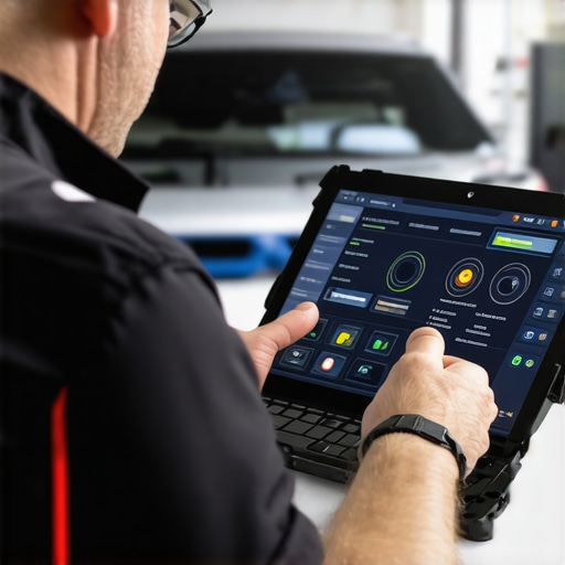 High-Tech Brake Diagnostics in Action Technicians using advanced diagnostic tools to analyze brake system performance