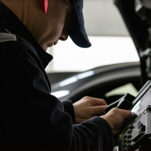 High-tech Automotive Diagnostics in Action Mechanic analyzing vehicle data on a digital diagnostic platform