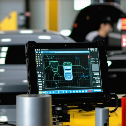 High-tech automotive diagnostics in action Mechanics using advanced diagnostic tools to analyze vehicle data in a modern workshop.