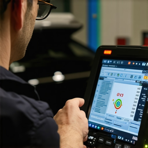 Technician utilizing high-tech diagnostic equipment to analyze vehicle systems