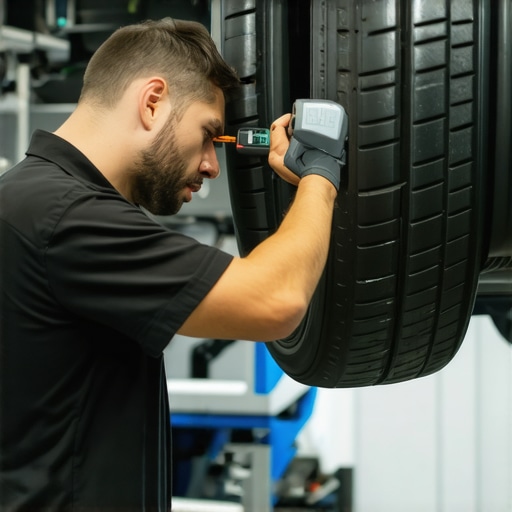 Technician performing advanced brake diagnostics using laser and thermography tools in a professional auto repair environment