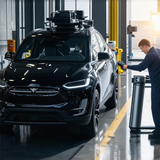Automotive technicians working on electric and autonomous vehicles using AI diagnostics in a modern auto repair shop