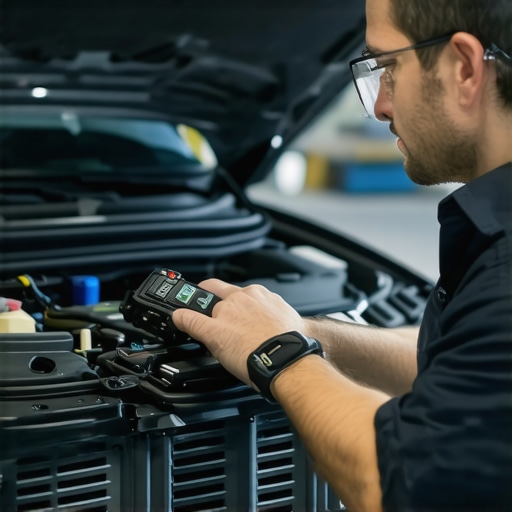 Technician calibrating vehicle ECU with advanced software in a professional workshop