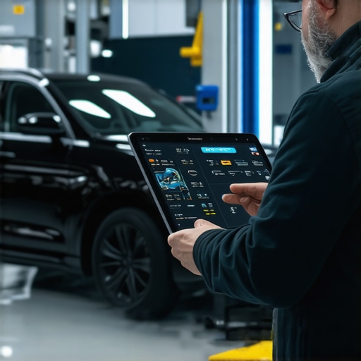 Technician operating advanced AI-powered diagnostic tools in automotive repair shop.