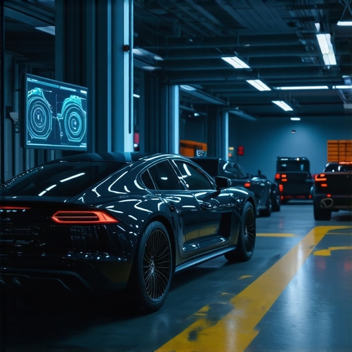 Technicians using advanced AI diagnostic systems to monitor vehicle brake performance.