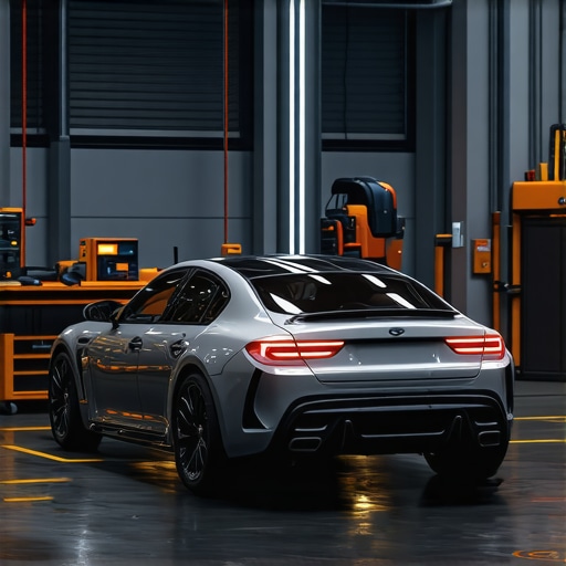 Futuristic automotive diagnostics interface showing AI analysis in a repair shop