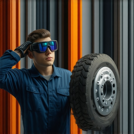 Technician using augmented reality glasses for brake repair in a high-tech automotive workshop