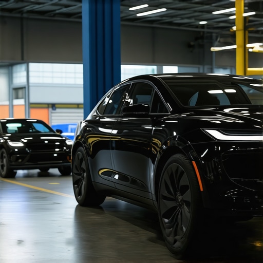 Technicians using AR glasses for vehicle diagnostics in a modern repair shop