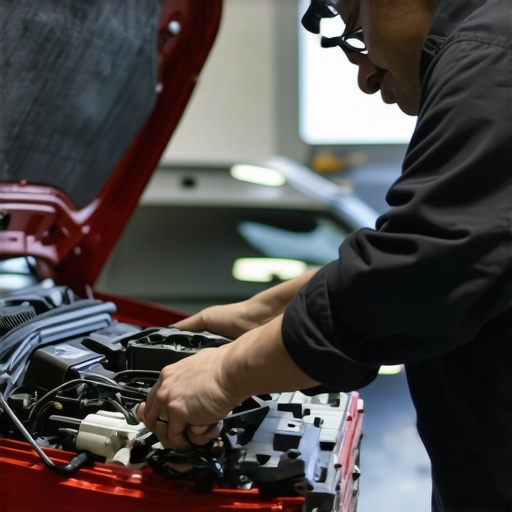 Mechanic using sophisticated diagnostic scanner on vehicle in repair shop.