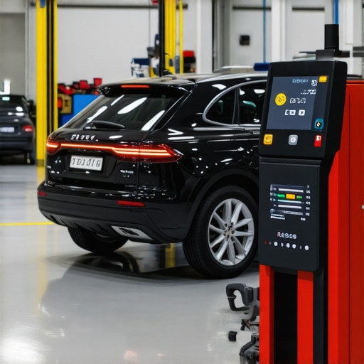 Diagnostic tools connected to vehicle with AI and cloud interfaces, in a professional auto repair setting.
