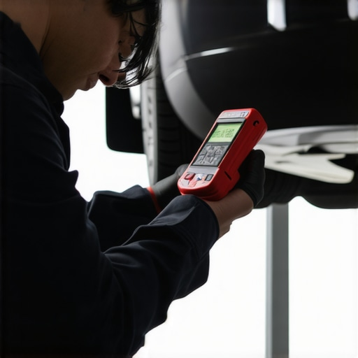 Technician analyzing vehicle diagnostics with high-tech tools