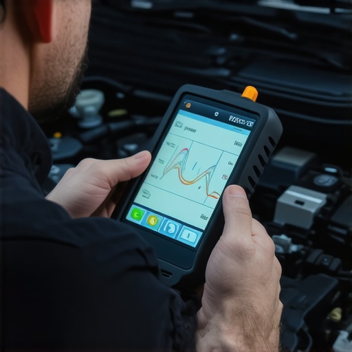 Technician working with digital tools on car engine for precise diagnostics