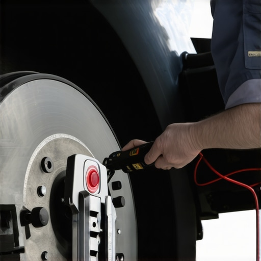 Technician inspecting brake system with ultrasonic flaw detector and digital pressure sensors