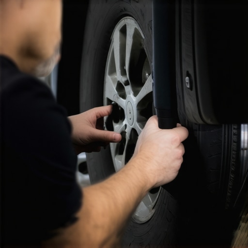 Technician using ultrasonic flaw detector on brake rotor