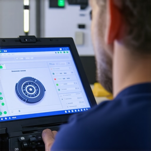 Technician using digital diagnostic tools on car brake system