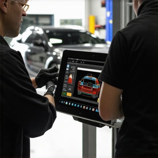 Technicians using laser measurement and thermographic cameras on brake rotors in a modern workshop.