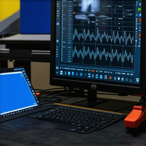 Automotive technician using digital diagnostic tools on vehicle's brake system.