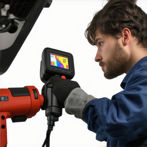 Technician inspecting brake system with thermal imaging camera in auto repair shop