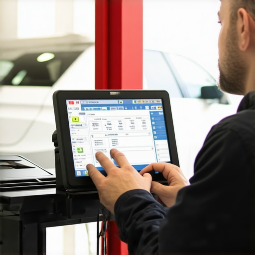 Modern diagnostic scanner analyzing vehicle data