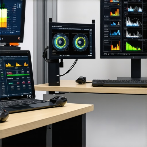 Modern automotive workshop with ultrasonic, thermal imaging, and sensor data equipment for brake repair