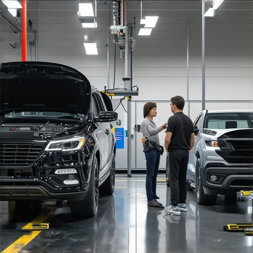 Automotive workshop utilizing advanced diagnostic tools with 3D printing technology for brake repair